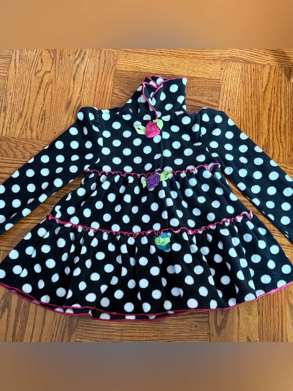 Girls Black & White Polka Dot Tiered Fleece Dress with Pink Trim